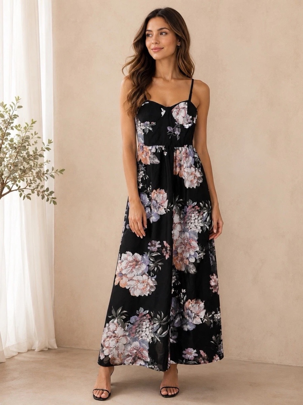 Band of Gypsies Black Floral Spaghetti-Strap Jumpsuit Size XS